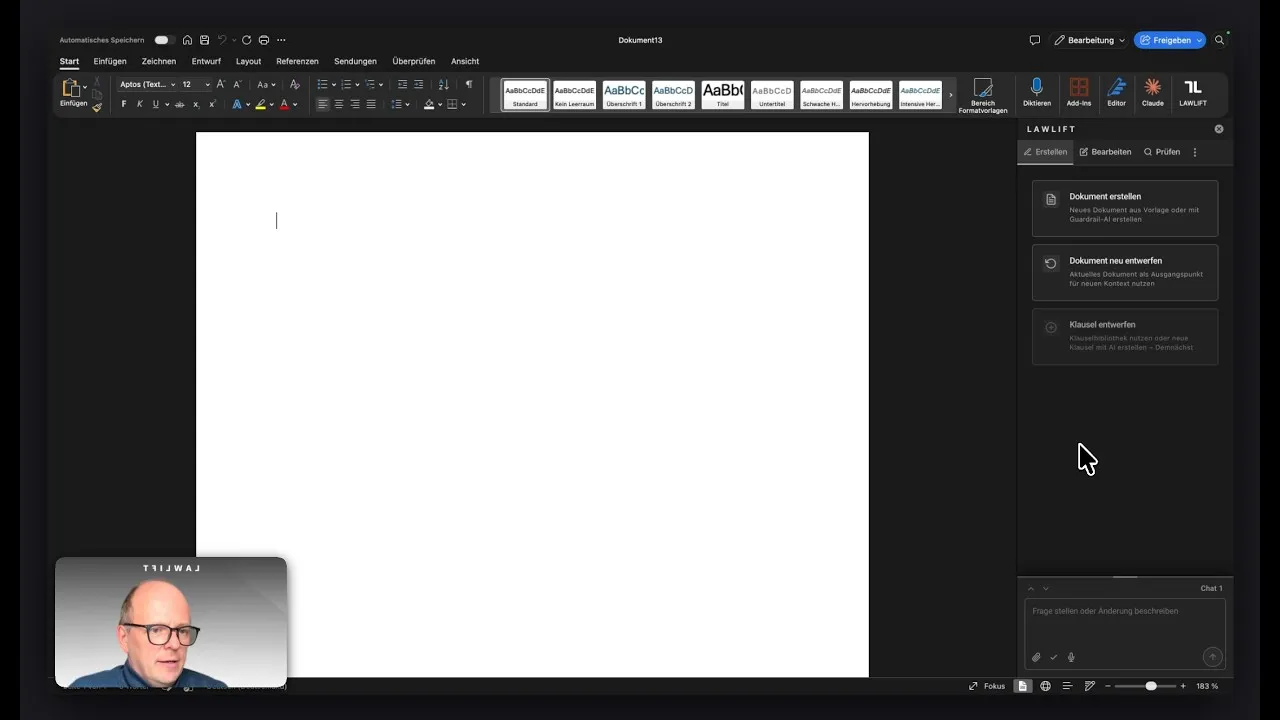 Das Lawlift-Seitenpanel neben einem Vertrag in Microsoft Word